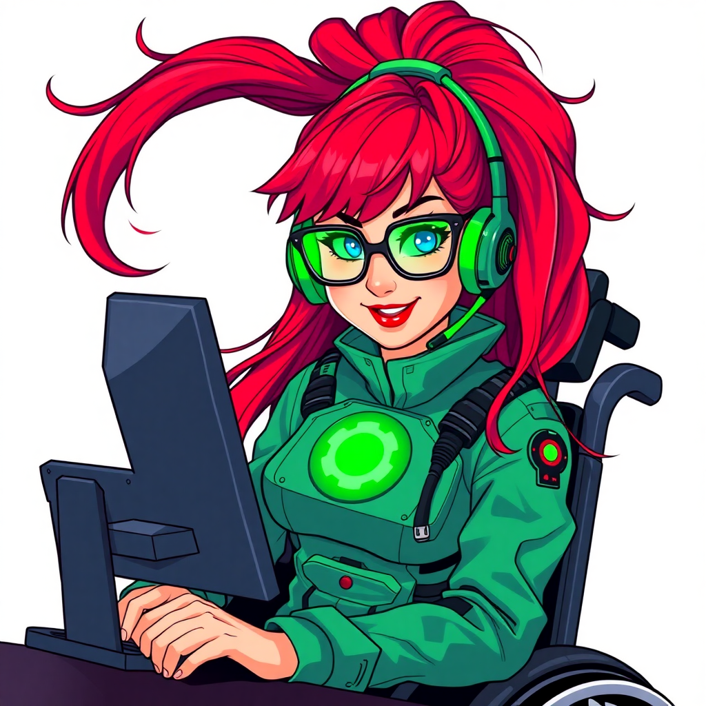 A nerdy, 29-year-old tech genius in a wheelchair, with a long fiery-crimson ponytail. She wears maximum green lipstick, bright blue eyes, and a hi-tech maximum green suit featuring a neon green glowing cog chest icon. She sports an emerald headset, black eyeglasses with a neon green lensed HUD, and a lovestruck smile with neon red blush. She serves as her corrupt cyberpunk CEO's tech expert from his company's cybersecurity division, diligently working at her computer desk. The background is solid white. She is drawn as if she was in a retro 2D cyberpunk fighting game.