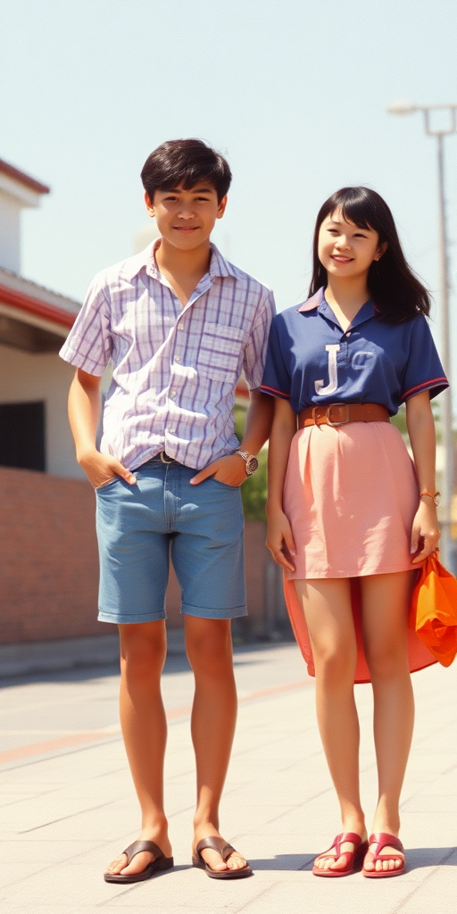 Vintage photo, 1980s. Hot summer. Japan. Tall 14yo teen boy wearing short shirt, tight booty shorts, long legs, bare thighs. With a girl wearing shirt, long skirt. Full length view.