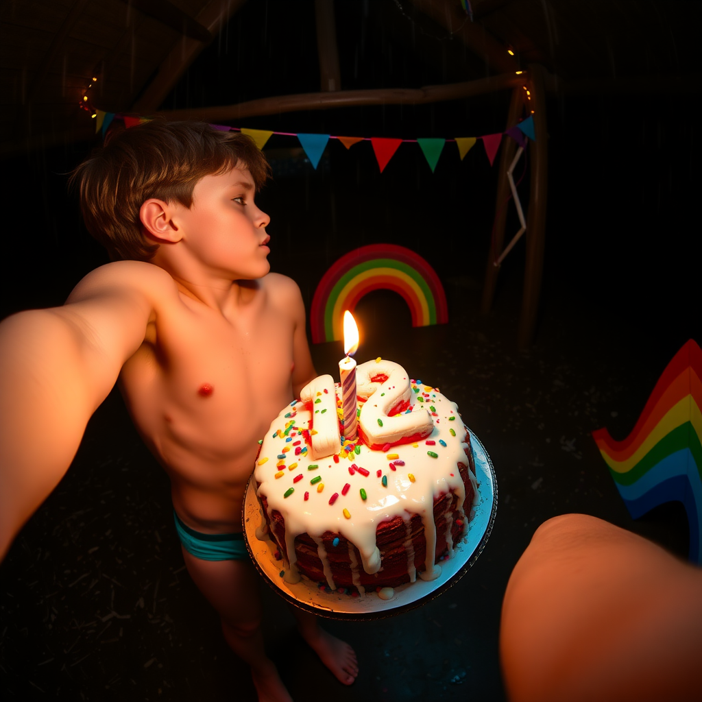 rainbow birthday party!, aerial selfie, selfie stick, night vision, friendly barefoot tween boy shirtless with adorable hair and freckles kissing his brother, candle on cake shaped like 12, they are sticky with smashed birthday cake and icing like runny white mucus, shirtless and in tiny little fitted trunks, alone celebrating in a dark rainy picnic shelter at midnight, winking at the camera, rainbow decorations