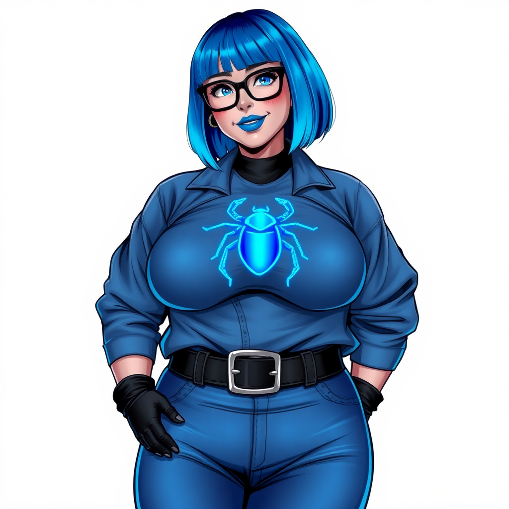 A 28-year-old, full-figured, middle gray metallic-skinned computer program-human hybrid with a maximum blue bob cut. She has a non-athletic build, highlighted by a prominent, round, large midsection. As a digital sidekick, computer hacker, and nerdy girlfriend to her cyberpunk vigilante boyfriend, her middle gray metallic skin and maximum blue lipstick emphasize her digital nature. She wears an oversized maximum blue leather shirt (that accentuates her figure) with a neon blue beetle chest icon, a black belt with a sapphire scarab buckle, maximum blue pants, and black gloves. Her bright blue eyes, black eyeglasses, and lovestruck smile with neon red blush accentuate her nerdiness. She stands bashfully with her hands behind her back, her bodysuit covering all her skin. Her physique is emphasized. She is on a solid white background. She is drawn as if she was in a retro 2D cyberpunk fighting game.