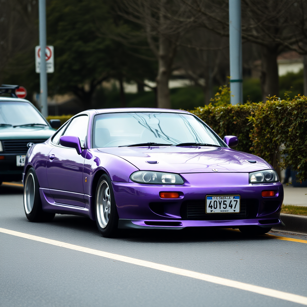 camelonn purple nissan silvia s14 the car is parked on the side of the road, inspired by Taiyō Matsumoto, tumblr, restomod, nd4, c4 cold colors