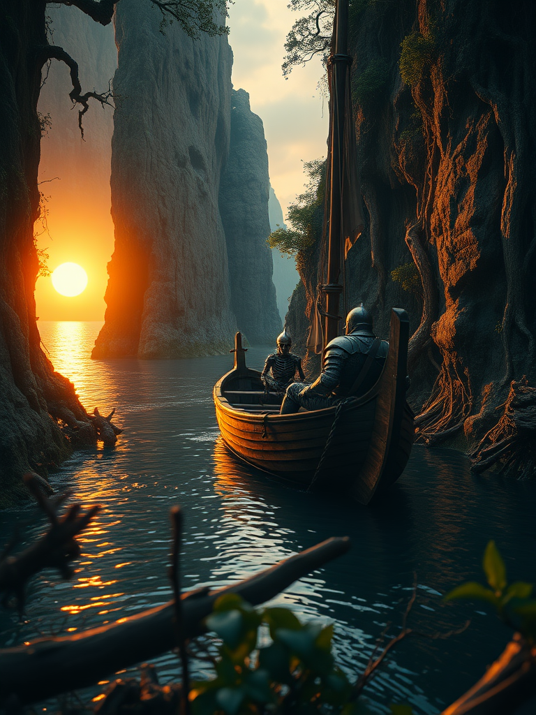 An epic cinematic film still of a wounded knight, his armor ripped and stained, slumped against the mast of a small wooden boat. The boat bobs gently on the surface of a narrow river, its path illuminated by the fiery glow of a setting sun. The river is nestled between towering cliffs, their faces carved with ancient ruins, choked by vines and overgrown with gnarled trees. The ruins are a testament to a forgotten civilization, with hanging skeletons and rusted warrior armor buried beneath the foliage. Zombie knights, their bodies glowing with dark green mystical energy, stand guard along the riverbank. The setting sun casts long shadows across the scene, a fiery orb sinking towards the horizon. The river slowly widens as it flows towards the ocean, a vast expanse of water revealed beyond the cliffs, where the last rays of the sun are reflected on the rippling surface. some foreground dead logs and twigs foliage out of focus.