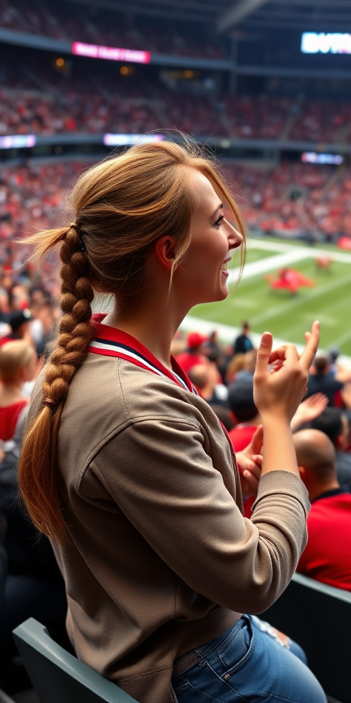 Attractive female NFL fan, pigtail hair, cheering, inside crowded bleachers, NFL stadium