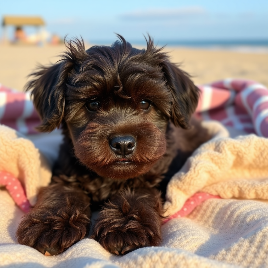 cute dark chocolate colored cockapoo, laying on super soft blankets on the beach, with the Boxcar Children