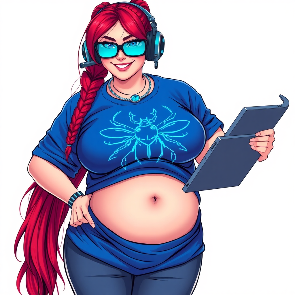 A cyberpunk vigilante’s full-figured intelligent and tech-savvy 29-year-old girlfriend, who is a computer hacker and tech genius. She has a long ruby red ponytail and bright blue eyes. She wears a sapphire beetle gemstone necklace, and an oversized maximum blue t-shirt featuring a giant neon blue glowing icon of a beetle on its chest. She has a full-figured physique with a prominent, gargantuan, round midsection, reflecting her well-cared-for lifestyle. The midsection is heavily emphasized. She sports a sapphire headset with hi-tech maximum turquoise lensed HUD visor, black eyeglasses, and a beaming smile with a passionate bright red blush. Despite her figure and a lack of self-esteem, she radiates an air of beauty. She has an angular face which contributes to her radiant beauty. She serves as his tech expert from his hideout, holding a holographic tablet and a hi-tech tool wrench. The background is solid white. She is drawn as if she was in a retro 2D cyberpunk fighting game. Make sure her shirt covers her round midsection.