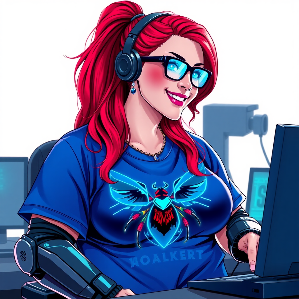 A cyberpunk vigilante’s full-figured intelligent and tech-savvy 29-year-old girlfriend, who is a computer hacker and tech genius. She has a long ruby red ponytail and bright blue eyes. She wears maximum blue lipstick, a sapphire beetle gemstone necklace, sapphire earrings, black eyeglasses, hi-tech metal arm armor, and an oversized maximum blue t-shirt featuring a neon blue glowing emblem of a winged beetle on its chest. She has a full-figured physique with a giant, round midsection, reflecting her well-cared-for lifestyle. She sports a sapphire headset with a hi-tech maximum turquoise lensed HUD, and a beaming smile with a passionate bright red blush. Despite her figure and a lack of self-esteem, she radiates beauty. She has a slim face which contributes to her radiant beauty. She serves as his tech expert from his hideout, diligently working at her lab table and computer desk. The background is solid white. She is drawn as if she was in a retro 2D cyberpunk fighting game.