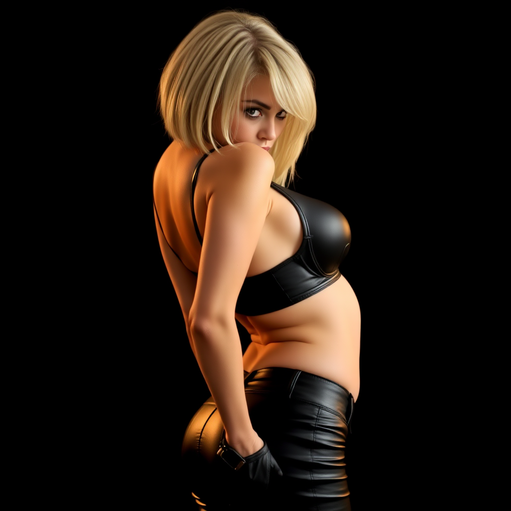 energetic young beautiful woman, leaning forward, very very large breasts, petite with big thighs, bob blonde, black leather bra and hot pants, bending away from us, black background, warm lighting