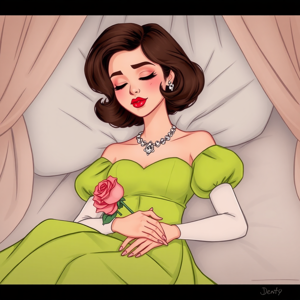 disney sketch of a alluring, feminine 19 year old pakistani prince with short wavy brown hair in a bob with ringlets, rose lipstick, rose blush, long eyelashes, narrow face, wearing a lime green off shoulder puff sleeve dress with a flowing skirt and white sleeves and a diamond festoon necklace. Sleeping in a funeral bier eyes closed holding a rose,, the bedroom is covered by a large curtain in a palace room as the beauty rests forever in a deep death like sleep.