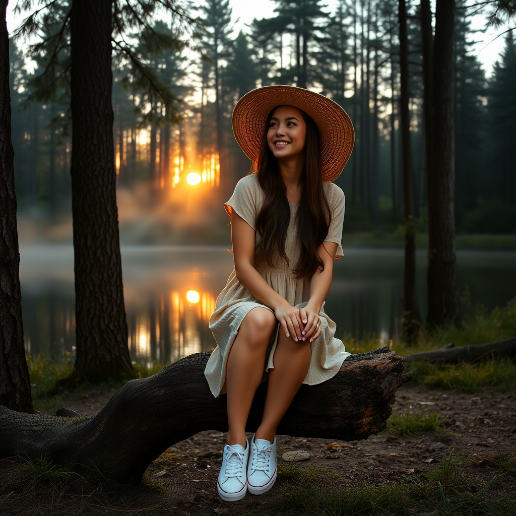 a young woman sitting on a strunk next to a lake in a forrest. long brunette hair. she is wearing a dress, sneakers and a wide straw hat. looking to the side, enjoying the sight with a smile. the sinking sun is falling through the trees. a little fog is rising from the lake. light like in fairy tale, a bit mystic. photo