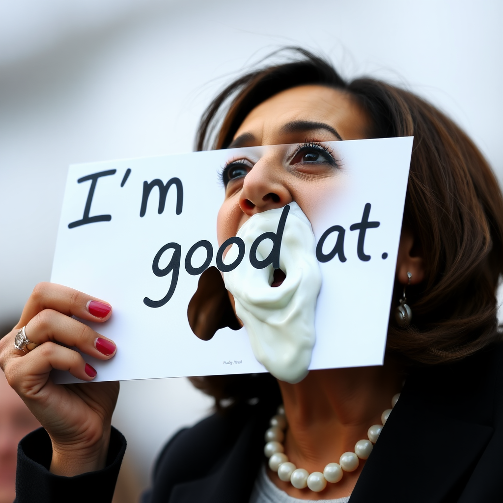 Kamala Harris, mouth full of white slime, holds a sign "I'm good at."