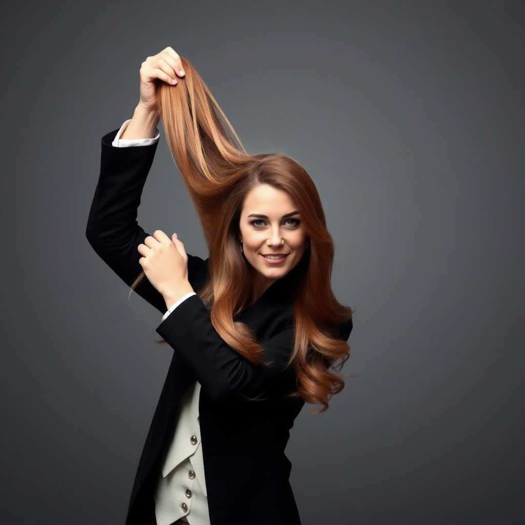 A surreal image of a magician holding up the disembodied head of a very long haired Kate Middleton. He is grabbing her by her long hair and holding up her head high in the air to display it to the camera. Plain gray background.