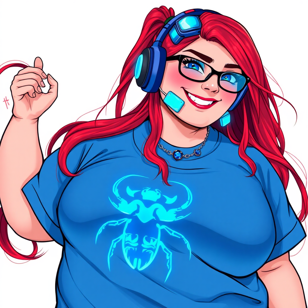 A cyberpunk vigilante’s fat intelligent and tech-savvy 29-year-old girlfriend, who is a computer hacker and tech genius. She has a long ruby red ponytail and bright blue eyes. She wears a sapphire beetle gemstone necklace, and an oversized maximum blue t-shirt featuring a giant neon blue glowing icon of a beetle on its chest. She has a full-figured physique with a prominent, gargantuan, round midsection, reflecting her well-cared-for lifestyle. The midsection is heavily emphasized. She sports a sapphire headset with hi-tech maximum turquoise lensed HUD visor, black eyeglasses, and a beaming smile with a passionate bright red blush. Despite her figure and a lack of self-esteem, she radiates an air of beauty. She has an angular face which contributes to her radiant beauty. She serves as his tech expert from his hideout, holding a holographic tablet and a hi-tech tool wrench. The background is solid white. She is drawn as if she was in a retro 2D cyberpunk fighting game. Make sure her shirt covers her round midsection.