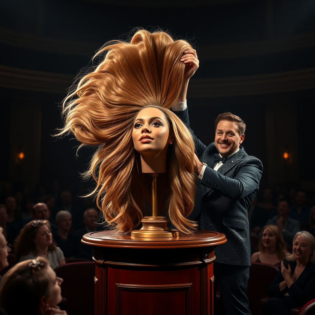 In a dimly lit theater, the atmosphere crackles with anticipation, the audience's murmurs a blend of curiosity and skepticism. On a grand, elegantly adorned display stand sits the disembodied head of the enchanting Beyoncé, her radiant skin glistening under the soft, warm glow of the spotlight. Her striking features are perfectly framed by cascading locks of lustrous, very long hair that shimmer with hues of light brown and hints of rich mahogany, reminiscent of polished silk.

Standing beside her is the magician, a charismatic figure in a sharp, tailored suit that glints with sequins in the light. With theatrical flair, he holds her voluminous hair aloft, fingers splayed wide, deftly spreading it out like a shimmering waterfall, mesmerising the audience. The hair flows like liquid night, each strand capturing the light as it falls gracefully to the ground, creating a stunning, almost surreal contrast against the stark wooden stage.

The magician’s face is lit with a confident smile, his eyes sparkling with the thrill of the performance, as he engages the audience with playful banter. Their gasps and laughter echo throughout the room, a symphony of wonder and disbelief. The scent of polished wood and fresh popcorn wafts through the air, mingling with the underlying electricity of the moment. Time seems to stand still as the audience leans in, captivated by the spectacle, a seamless blend of illusion and artistry that promises to defy reason and ignite imagination.