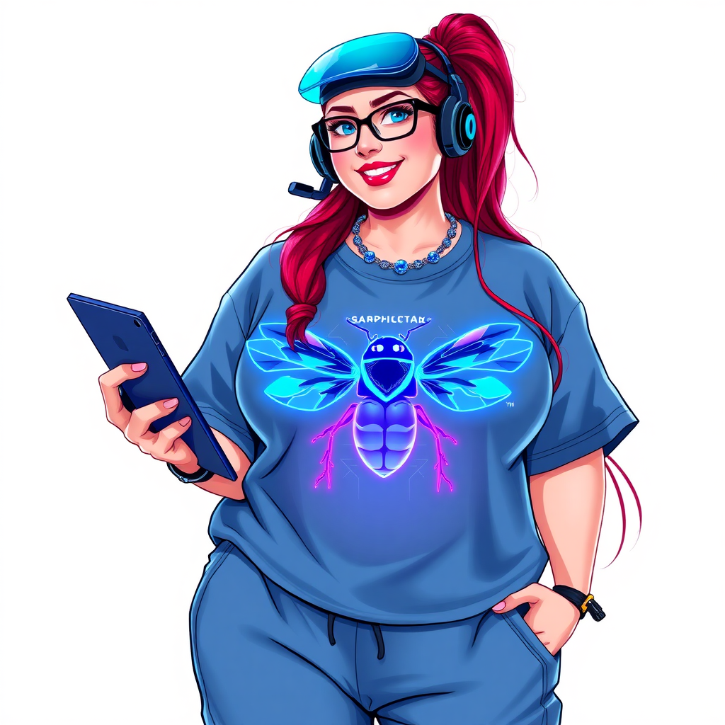 A cyberpunk vigilante’s full-figured intelligent and tech-savvy 29-year-old girlfriend, who is a computer hacker and tech genius. She has a long ruby red ponytail and bright blue eyes. She wears a sapphire beetle gemstone necklace, an oversized Maximum Blue (RGB 71, 171, 204) t-shirt featuring a giant neon blue glowing chest icon of a winged beetle, and matching Maximum Blue (RGB 71, 171, 204) sweatpants. She has a full-figured physique with a prominent, gargantuan, round midsection, reflecting her well-cared-for lifestyle. She sports a sapphire headset with a hi-tech sapphire lensed HUD visor, Maximum Blue (RGB 71, 171, 204) lipstick, black eyeglasses, and a beaming smile with a passionate bright red blush. Despite her figure and a lack of self-esteem, she radiates an air of beauty. She has an angular face which contributes to her radiant beauty. She serves as his tech expert from his hideout, holding a holographic tablet and a hi-tech tool wrench. The background is solid white. She is drawn as if she was in a retro 2D cyberpunk fighting game. Make sure her outfit covers her midsection.