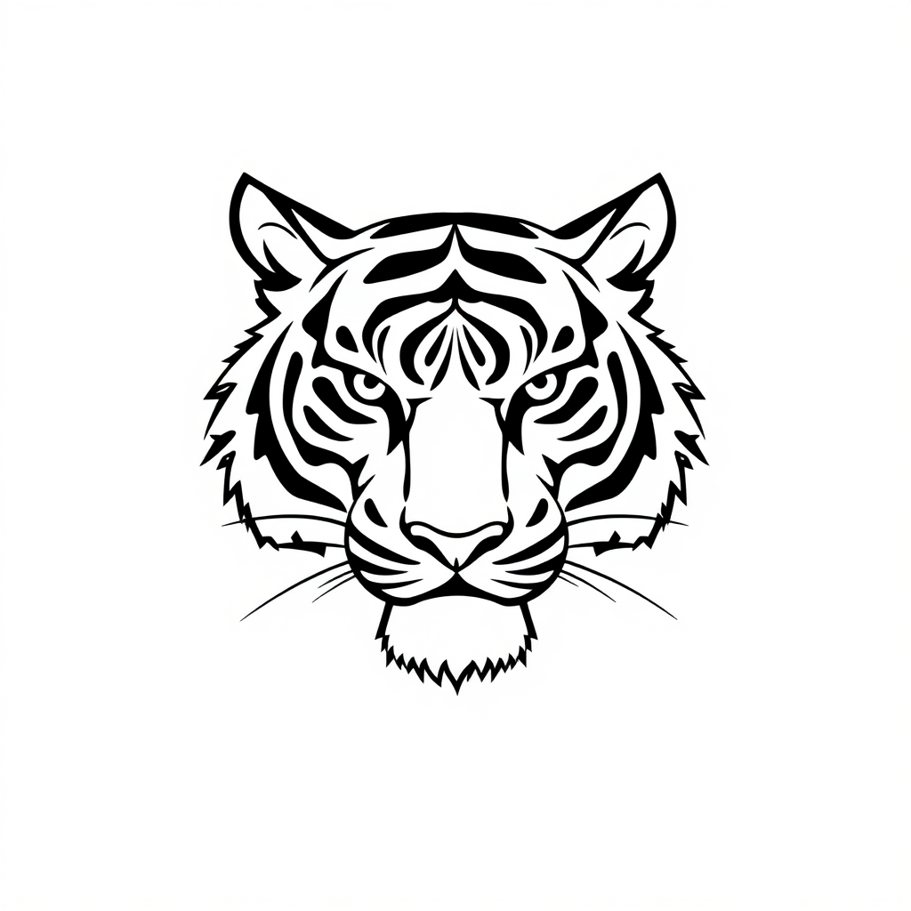 Create a minimalist, monochromatic tiger logo in the style of Sak Yant tattoo art. The design should feature a tiger's face drawn with simple, flowing lines, resembling a quick sketch done in ink or pencil. The overall look should evoke traditional Thai tattoo designs associated with Muay Thai culture. Ensure the image is entirely black and white, suitable for use as a web graphic or logo, with clean lines and a bold, easily recognizable silhouette.