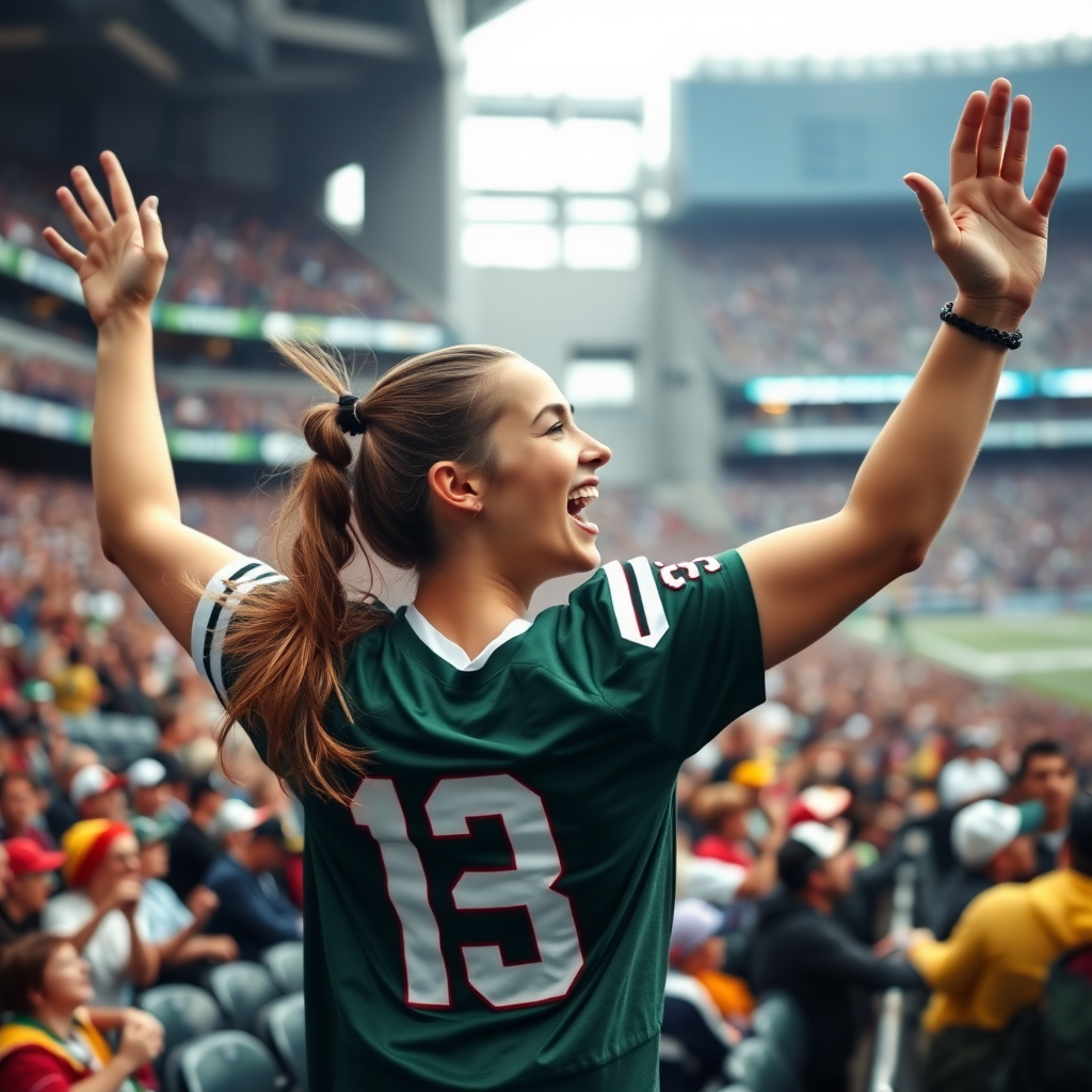 Attractive female NFL fan, pigtail hair, hollering, arms raised, jumping in the bleachers, crowded, NFL stadium