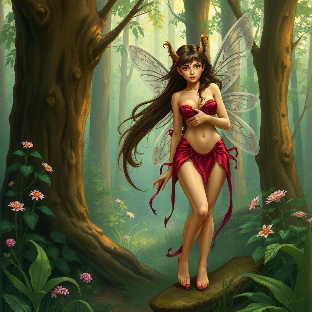 A classic forest scene with an attractive and seductive fairy. The scene is lush with the art styling of Brian Stroud.