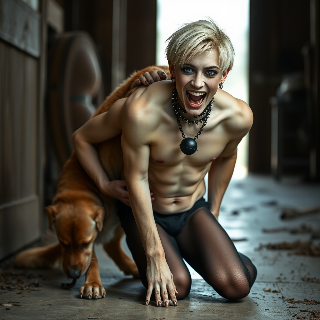 photorealistic, ultra high resolution, 16K, surreal fantasy, soft studio lighting, Caleb Swift is a pretty 16 year old goth male, slim male physique, blonde hair, blue eyes, goth makeup, earrings, sheer black pantyhose, spikey neck collar with chain, kneeling and leaning forward on the floor of the barn while his large dog rests its front legs on Caleb's back, during daytime, excited open mouth smile, small black ball-gag, drooling a stream of saliva from his mouth, bulging crotch, facing the camera.