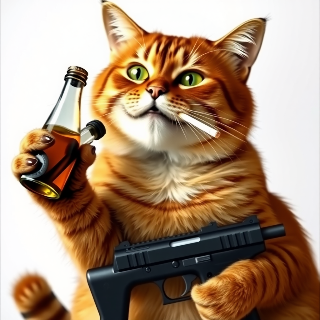 A brown cat with a bottle in one paw and a gun in the other paw and a cigarette in its mouth.