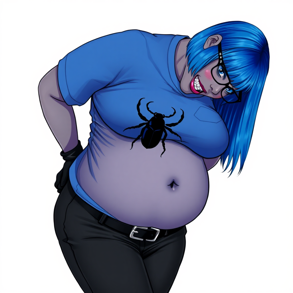 A 28-year-old, full-figured, metallic middle gray skinned computer program hybrid with a maximum blue bob cut. She has a non-athletic build, highlighted by a prominent, round midsection (with a focus on her belly). As a digital sidekick and computer hacker to her cyberpunk vigilante boyfriend, her middle gray metallic skin and maximum blue lipstick emphasize her digital nature. She wears a tight-fitting, maximum blue t-shirt (accentuating her belly) with a black chest icon of a beetle on its chest, black pants, a black belt with a sapphire scarab buckle, and black gloves. Her bright blue eyes, black eyeglasses, and shy smile with neon red blush accentuate her nerdiness. She bashfully bows her head with her hands behind her back, her t-shirt covering her midsection (especially her belly) and emphasizing her full-figured, non-athletic physique. She is on a solid white background. She is drawn as if she was in a retro 2D cyberpunk fighting game. She is clearly non-athletic, with a focus on her full figure. Make sure her t-shirt covers her midsection (especially her belly).