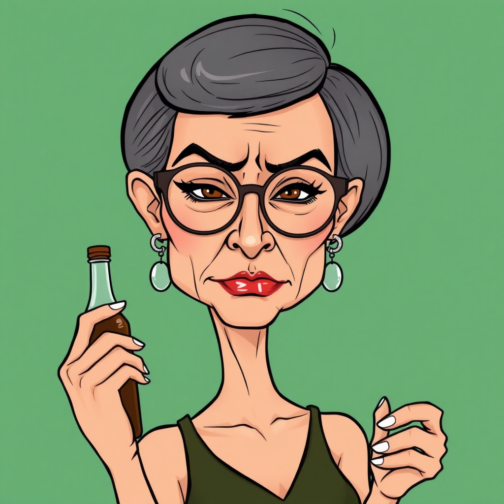 a 50 Years old, gorgeous, fit, European, Latina, sharp aquiline nose, wrinkles, high cheekbones, Middle Eastern, Skinny, Tanned skin, Dark light skin, full Makeup, jewelry, Sharp nose, frowning, exaggerated cartoon emotions, lascivious, holding a bottle, dark grey Ash hair, short bowl haircut, Brown eye color, half closed eyes, round Glasses, with detailed features. cut out and isolated on a green background. 2D, caricature, cartoon, Sketch lines, coloring book style, well composed, clean coloring book page, No dither, no gradient, strong outline, vector illustration,