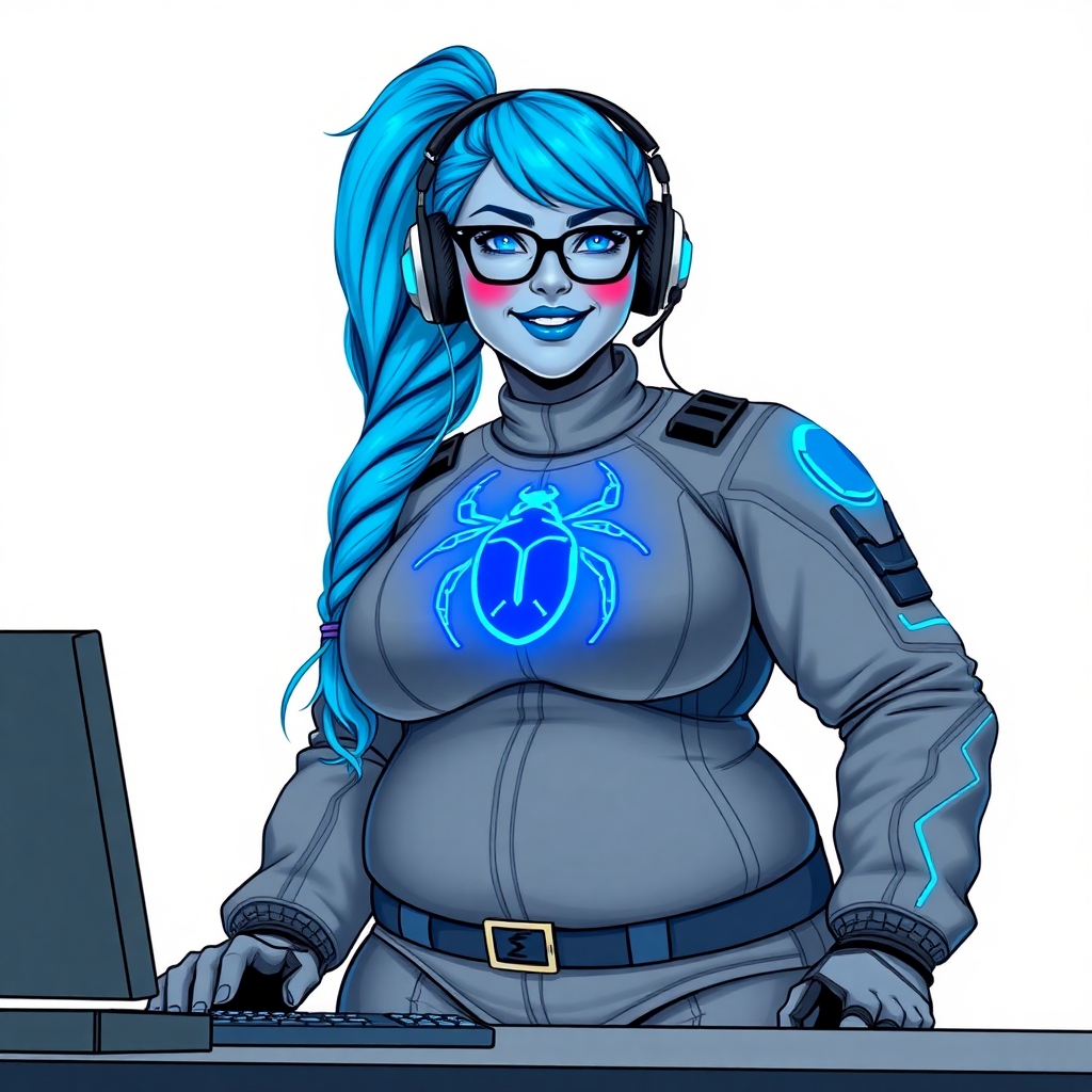 A nerdy, full-figured middle gray 29-year-old computer program hybrid with a long, maximum blue ponytail. She wears maximum blue lipstick and has bright blue eyes. Her outfit includes a digital, computerized, middle gray biker suit featuring a neon blue glowing beetle chest icon. She sports a sapphire headset and black eyeglasses, with a lovestruck smile and neon red blush. Her full figure reflects the doting care of her vigilante boyfriend. As his tech expert, she works diligently at her lab table in their hideout. The background is solid white. She has a prominent, gargantuan, round midsection, titanic limbs, and broad shoulders. Her neon glowing blue skin highlights her digital nature. She is drawn as if she was in a retro 2D cyberpunk fighting game.