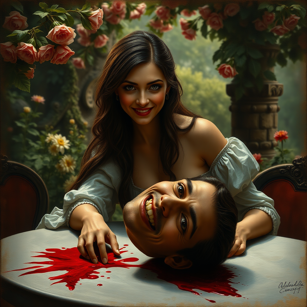 A beautiful sexy young lady is sitting in a fairytale garden, she is sitting at a table with the head of a man that is killed on the table smiling evil. There's blood on the table. Painting with dramatic lighting renaissance.