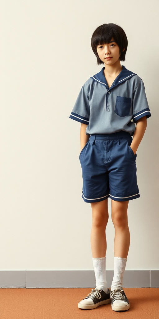 a tall 15yo teen boy, long bob cut, wearing Japanese school uniform with uniform matching very tight booty shorts, tube socks, shoes, long legs, narrow thighs. full-length view. 1980s. 
photorealistic, ultra high resolution, 16K,
Negative: grainy, blurry, bad anatomy, extra limbs, watermark.