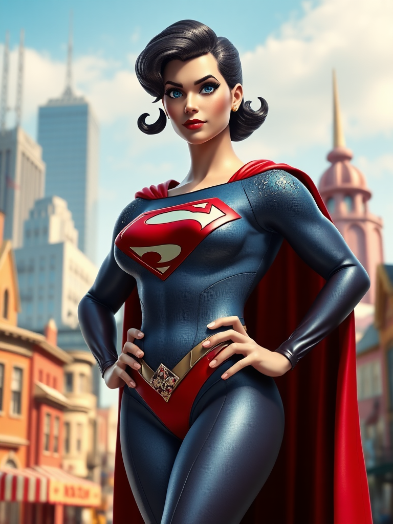 Create a full-length rendered image combining Superman's head, face, hairstyle on Jessica Rabbit's voluptuous body. Adapt Superman's iconic costume to fit the new curvy physique, incorporating glittery accents inspired by Jessica's dress. Adjust cape, boots, emblem for feminine proportions. Blend Metropolis skyline backdrops Toontown's colorful, exaggerated architecture. Maintain Superman's strong jawline, blue eyes, characteristic curl. Pose figure dramatically, showcasing both heroic strength sensual allure. Ensure seamless integration between head body, natural-looking transitions. Illuminate scene dynamic lighting, emphasizing figure's curves muscularity.