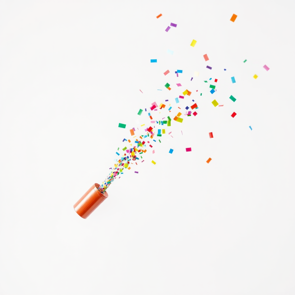 small colorful confetti popper tube shooting big confetti into the air, at an angle, white background, realistic, beautiful, no distortions