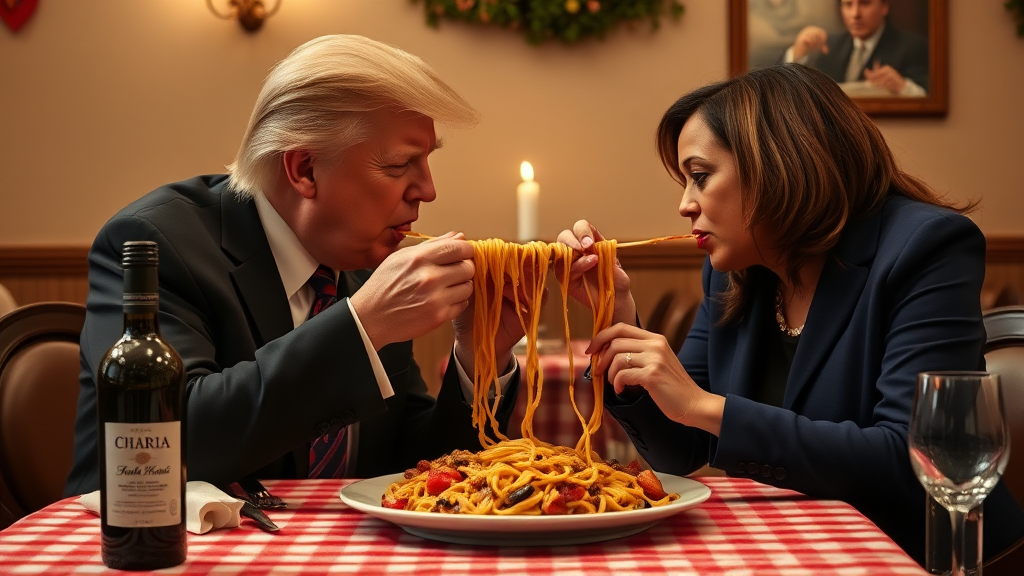 Photoreal style. ratio: 16:9. Donald Trump and Kamala Harris eating in an Italian restaurant a la the one in 'Lady and the Tramp.' Checkered tablecloth, Chianti bottle used as a candle holder. Both humans are eating spaghetti from one shared plate with their hands, and end up eating the same long piece of spaghetti, making their heads very close.