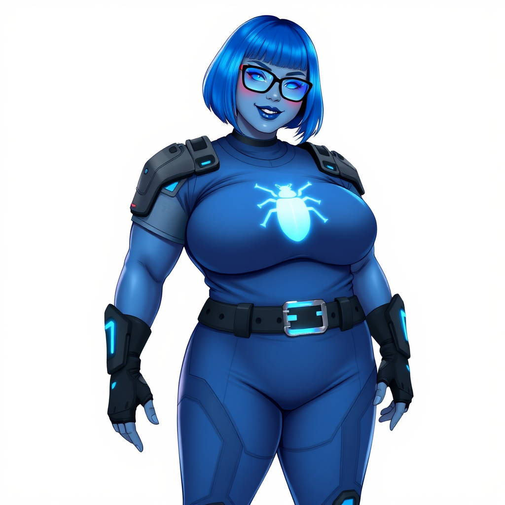 A 28-year-old, full-figured, metallic maximum blue (5PB 5/12) skinned computer program hybrid with a maximum blue bob cut. She has a non-athletic build, highlighted by a prominent, round, large midsection (with full emphasis on her large belly), which shows the effects of her new love of junk food acquired from her boyfriend. As the full-figured, nerdy, digital sidekick to her cyberpunk vigilante boyfriend, her metallic maximum blue skin and maximum blue lipstick (5PB 5/12) emphasize her digital nature. Her skin has a subtle, animated glow, with digital patterns occasionally flickering across it, making her digital nature obvious. She wears a digital, computerized costume, consisting of a huge, tight-fitting, maximum blue t-shirt (5PB 5/12) with a neon blue glowing chest icon of a beetle, hi-tech shoulder pads with neon blue accents, a black hi-tech belt with a digital neon blue glowing buckle, digital maximum blue biker pants (5PB 5/12) with neon blue accents, and black hi-tech fingerless biker gloves with neon blue glowing accents. Her neon blue glowing eyes, black eyeglasses with neon blue glowing lenses equipped with a built-in HUD, and bashful smile with neon red blush accentuate her nerdiness. She stands bashfully with one hand behind her back and the other hand gently touching her cheek, her costume covering all her skin and fully emphasizing her full-figured physique (especially her large belly). She is clearly non-athletic, with a focus on her full-figured physique. Despite her build, she radiates beauty. She has a slim face compared to her physique, accentuating her radiant beauty. She is on a solid white background. She is drawn as if she were in a retro 2D cyberpunk fighting game.