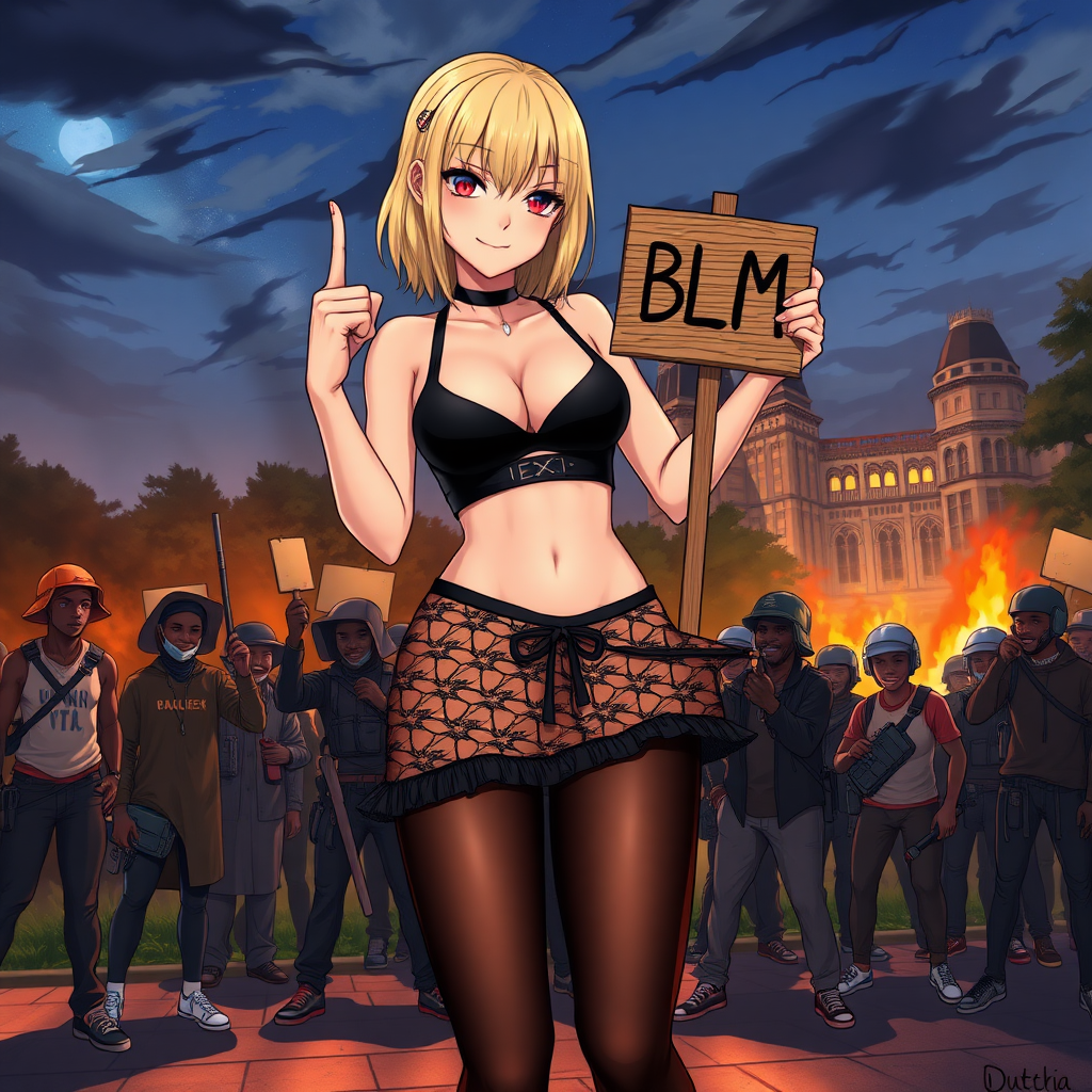 Anime art of a woman, medium blonde hair, a black, sleeveless crop top that reveals the woman's black bra and a high-waisted, wicked smile, middle finger, large breast, patterned transparent mini skirt that showcases a mix of black and white colors and black-underwear. She is also wearing black sheer tights and black sneakers with white laces, holding wooden sign in 2 hands which says "BLM" in air. Park and 1 building on fire at night from riots background, groups of black african-rioters-thugs standing next to her pulling her skirt down ripping it off.