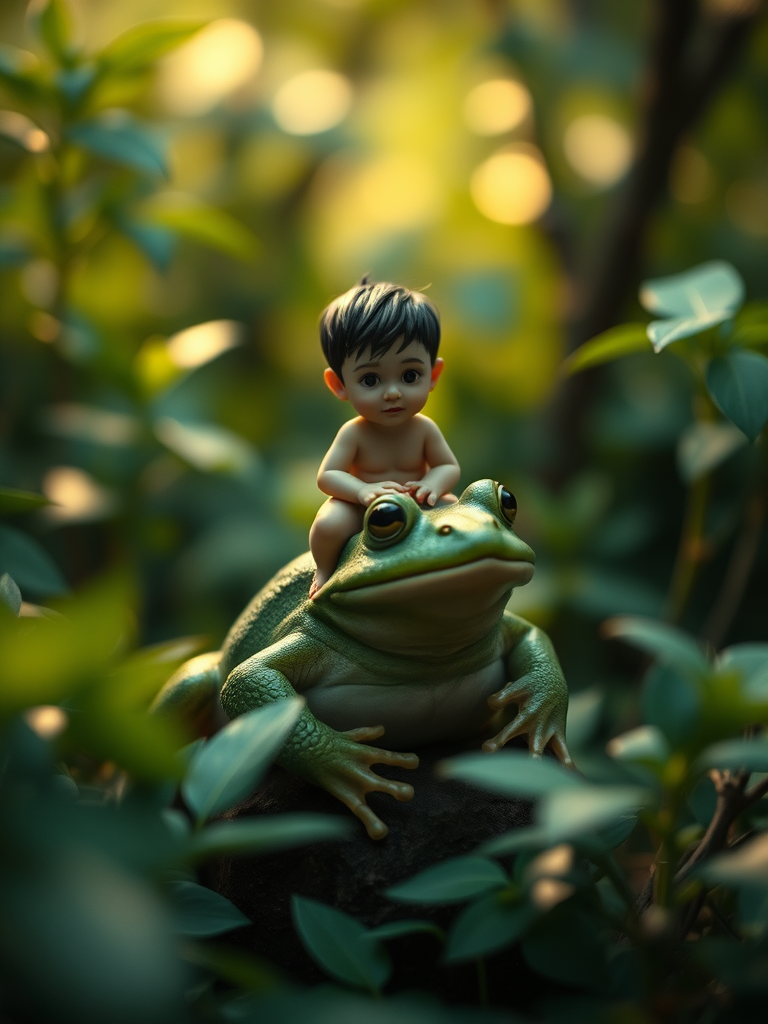 miniature person,In a stunningly emotional and harmonious cinematic still, an enchanting scene unfolds as the focus centers on a small boy sitting atop a green frog amidst verdant foliage. This cinematic vignette exudes high-quality details and is infused with the visual elements of a high-budget production, including bokeh effects that lend an ethereal quality to the image. The composition expertly utilizes the CinemaScope aspect ratio for a more immersive experience, while film grain adds a vintage touch and sets a moody and epic tone. The overall effect is one of gorgeous beauty with subtle textures, rich hues, and a captivating atmosphere that speaks to both the heart and the mind.