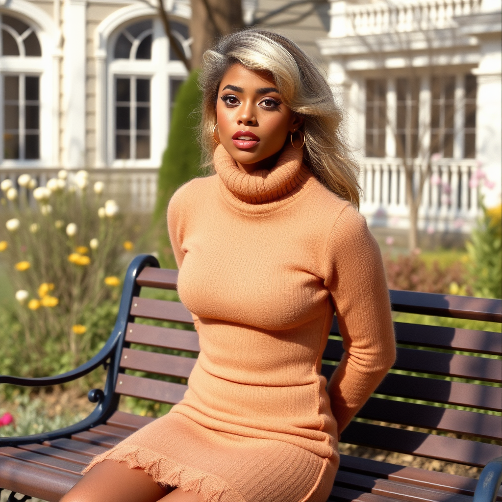 Vancouver 1990s sunny spring noon, ritzy mansion garden, femboy sitting on bench looking at camera. Sam, 19 years old mulatto beautiful trapped involuntary femboy, rather short booty figure, long blond perm mane “Samtha Fox 80s-style”, flawless heavily made-up face with sharp arched tattooed eyebrows, long French nails, wearing feminine very fluffy extremely fuzzy bright camel angora tight figure-hugging sweaterdress with oversized very fluffy extremely fuzzy turtleneck and tight hemline, gold earrings, both hands behind back, surprised saying “oooohhhh!”.