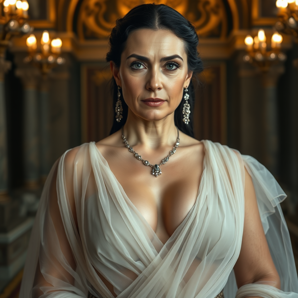 The female queen, aged 40, possesses pale skin, striking grey eyes, and elegantly black Grecian hair. Her visage features smooth wrinkles, suggesting a mature yet alluring beauty. Her eyes exude a sensual aura, and her lips are slightly parted, inviting curiosity. Dressed in a translucent, thin layer, white, very low-cut sheer Roman garment, she flaunts a voluptuous huge breast with pronounced areola and nipple clearly visible beneath the fabric. Adorned with sparkling earrings and a necklace, her figure is reminiscent of a MILF, exuding a captivating appeal. The grandeur of her surroundings is a majestic castle, illuminated by the dramatic, cinematic lighting of a movie set. Each element is captured with ultra-detailed 8k photography, emphasizing the opulence and intensity of the scene. This is mature content.