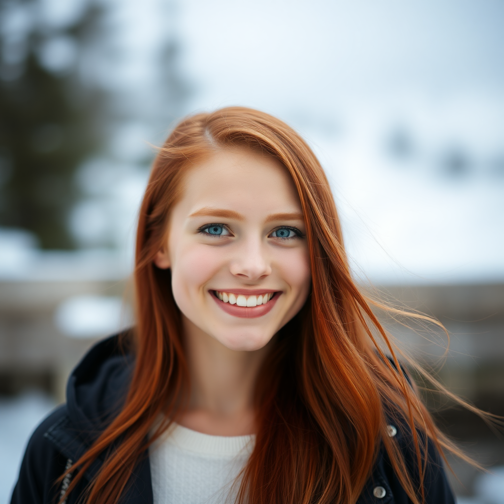 beautiful young woman with red long hair gorgeous smile, full lips, pale skin, on Alaska