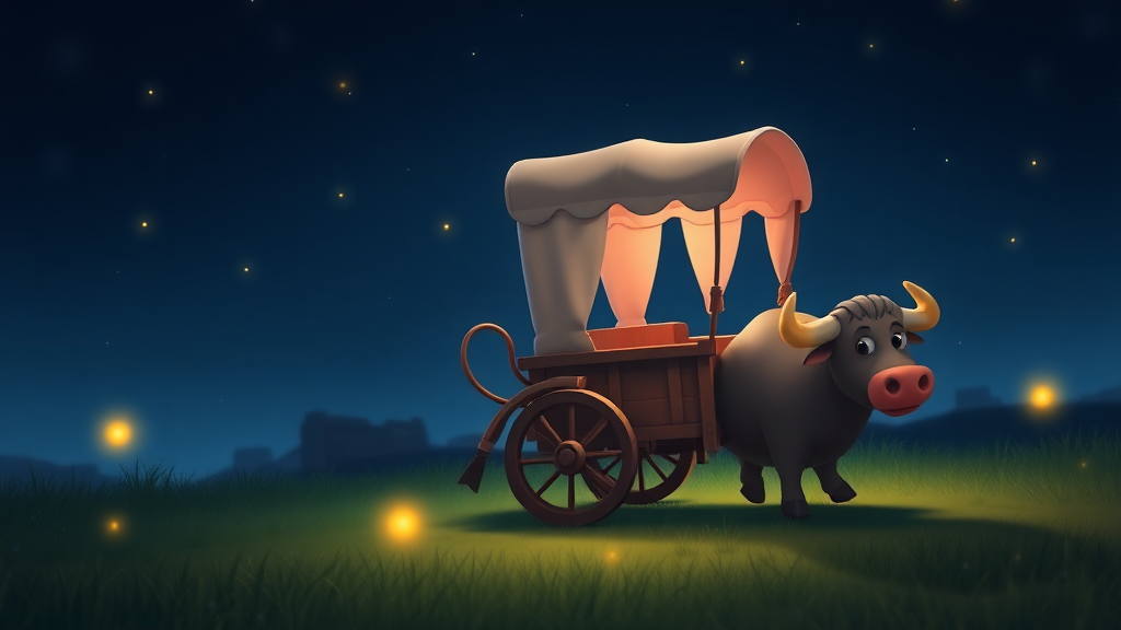 A cute cart and bull at night with some fireflies around in animation.