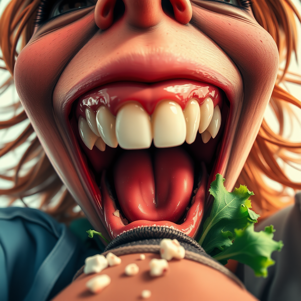 Extreme closeup ultrawide lens tiny 1st person POV. Charming giantess snacks on a shrunken man (his POV). Dream fulfilment dynamic stylized expressive realistic pencil illustration masterpiece depth of field. Immersive giantess vore POV. POV entering the smiling bucktooth jaws of a delighted predatory freckled GTS fantasy girl's eager cute mouth. Crumbs of chewed salad. Indulgent. Beautiful smile. Tiny POV of being eaten. Details of tongue, saliva, teeth. Anime. Vivid