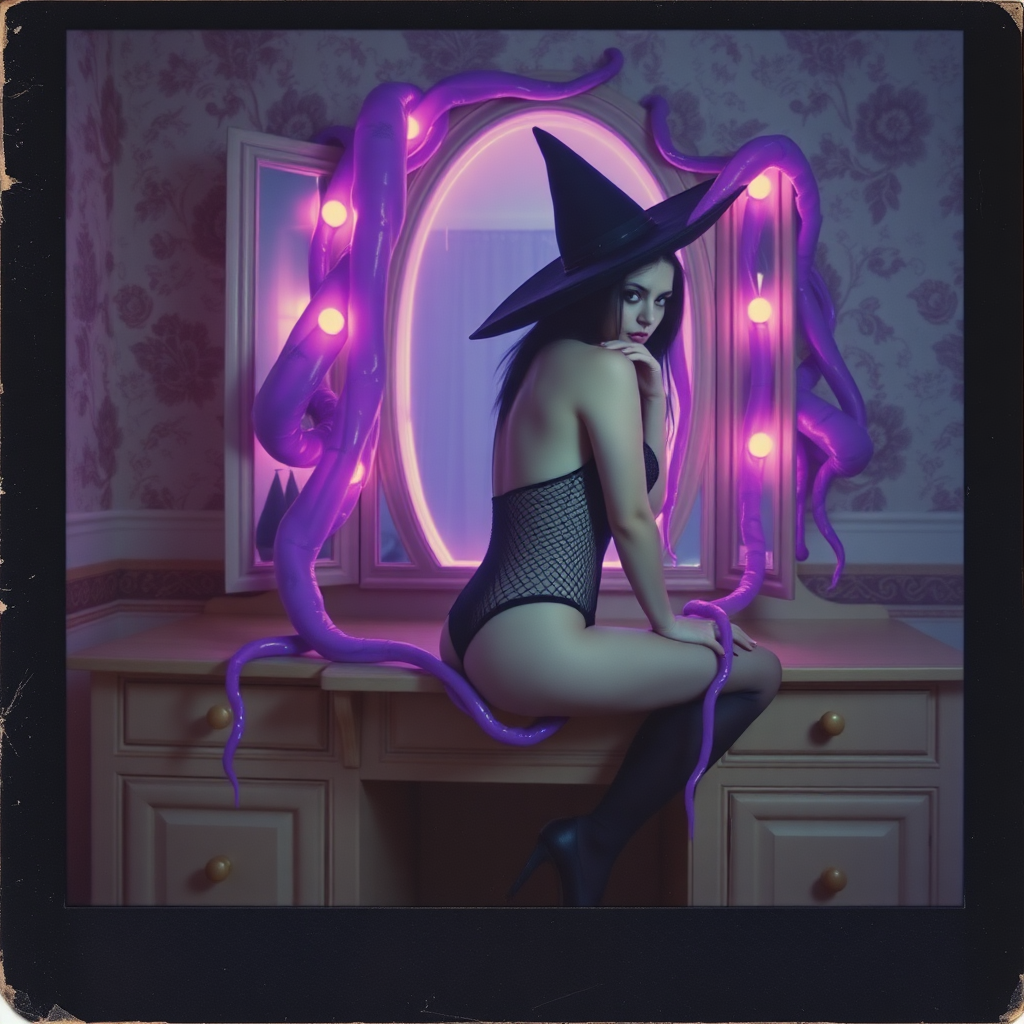 Scan of an nsfw old polaroid photograph with visible wear and heavy vignetting and blue color tint and light leaks, depicting a sexy pale curvy alt goth girl with black hair wearing skimpy fishnet black bodysuit and gstring revealing her nipples and wearing black stockings and high heels, sitting on a builtin vanity with mirror in old house with wallpaper on walls with her knees spread apart. Camera flash used. Dark lighting. Moody and hazy. Grunge look. Erotic. Nude. Pink Christmas Lights on wall. She is wearing a witch hat and is being restrained by giant glowing translucent slimy jello like purple vines dripping goo coming from inside glowing purple portal in the mirror, wrapping tightly around her arms and legs and torso. The vines are pulling her back towards the mirror.