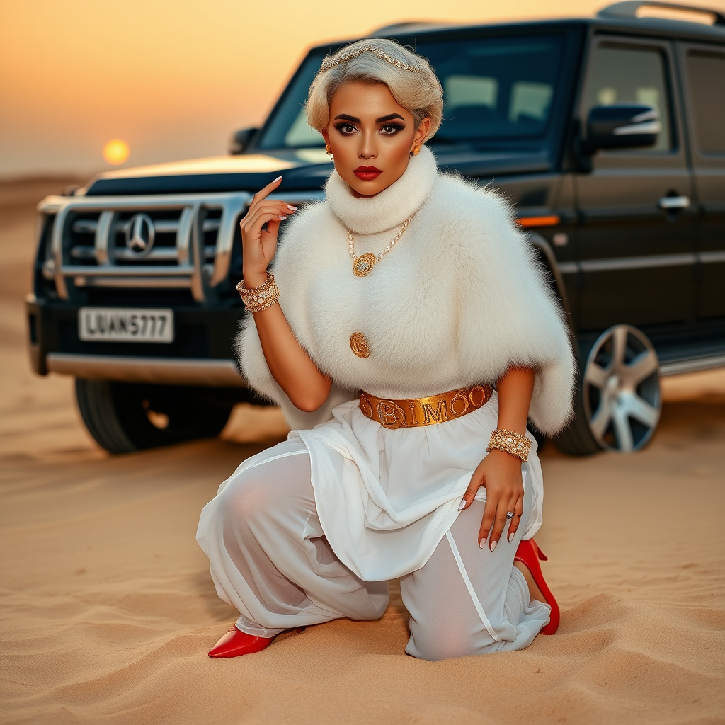 Kuwait desert dunes misty dawn, full size luxury SUV: Melissa, European 17 years old very convincing femboy “trophy-bimbo”, tamed servile docile, very beautiful feminine flawless face, rather short, by hormones very curvaceous womanly figured, platinum blond short tight curls, bold red lips, long white French nails, heavily made-up face, wearing Supertanya-style fluffy very fuzzy bright white angora turtleneck-poncho cropped ending under bust decorated with pearls and glass stones, striking oriental wide gold bridal protection belt, white fully transparent harem pants, bright red pumps with golden very high heels, full Oriental bridal jewelry including headpiece, nose-ring, coin wristlets, coin anklets, striking diamond “Bimbo” letter brooch on left chest, thick heavy pearl wristlets, pearl anklets, pout frustrated, kneeling in sand in front of SUV, looking at camera. Focus on face and turtleneck-poncho.