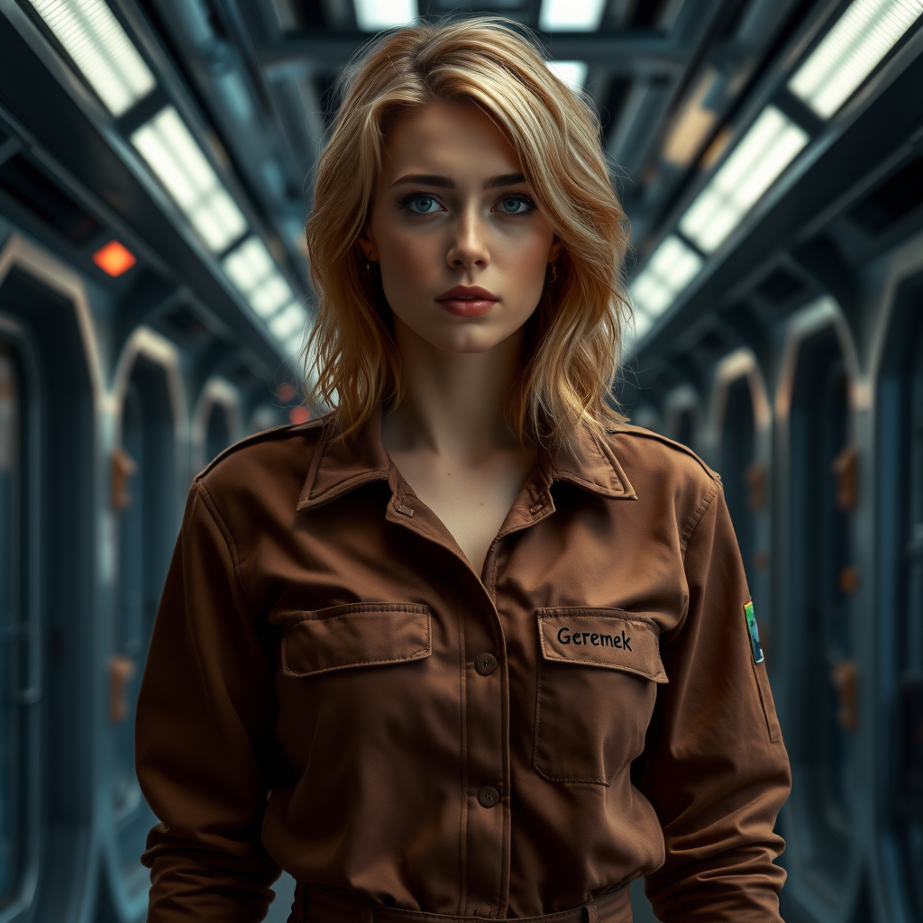 A twenty something female like Ana de Armas, athletic, medium length wild strawberry blond hair, in a brown jumpsuit standing in a dimly lit hallway of a spaceship with a name tag sewn on her left chest pocket that says "Geremek"