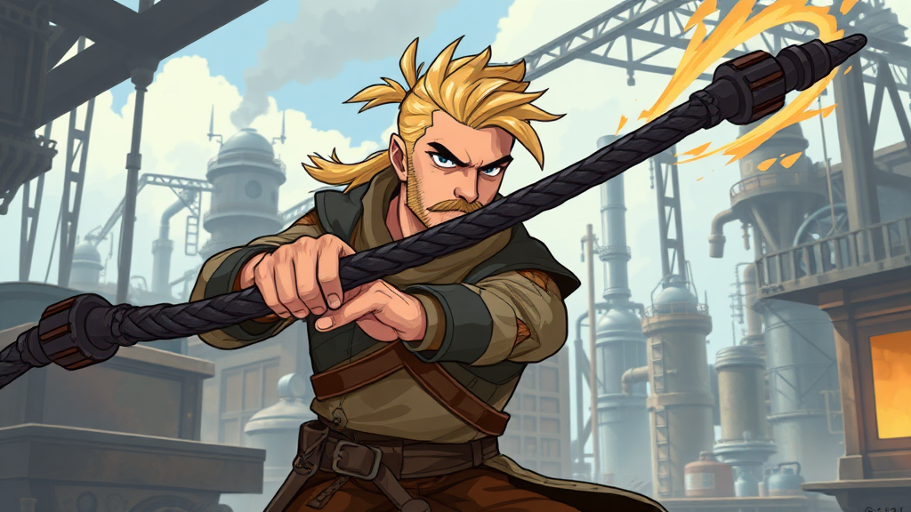 Concept art for an RPG class: Steelbreaker. A blond-haired, mustached earthbender in rogue-like attire bends an iron whip from a dark steel pipe. He has a focused expression and a tense posture as the dark iron whip lashes aggressively in the air. The background shows a steampunk medieval fantasy city during the day, in a factory setting filled with machines and steel beams. The scene is dynamic, filled with impulsive movement and energy. Rendered in a modern cartoon style like 'Avatar,' with thick black outlines, flat colors, and detailed lighting and shading.