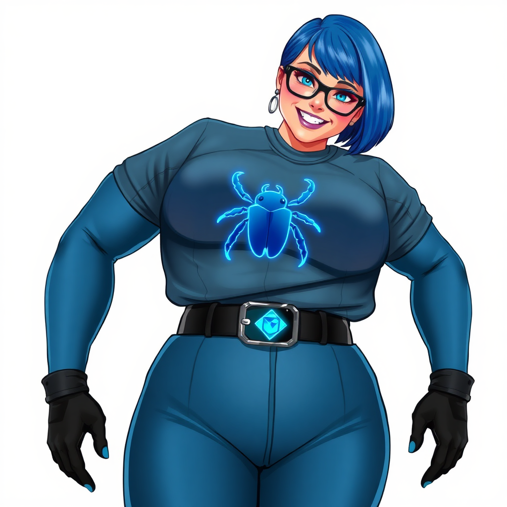 A 28-year-old, full-figured, middle gray metallic-skinned computer program-human hybrid with a maximum blue bob cut. She has a non-athletic build, highlighted by a prominent, round, large midsection. As a digital sidekick, computer hacker, and nerdy girlfriend to her cyberpunk vigilante boyfriend, her middle gray metallic skin and maximum blue lipstick emphasize her digital nature. She wears an oversized maximum blue leather shirt with a neon blue beetle chest icon, a black belt with a sapphire scarab buckle, maximum blue pants, and black gloves. Her bright blue eyes, black eyeglasses, and lovestruck smile with neon red blush accentuate her nerdiness. She stands bashfully with her hands behind her back, her bodysuit covering all her skin. Her physique is emphasized. She is on a solid white background. She is drawn as if she was in a retro 2D cyberpunk fighting game.