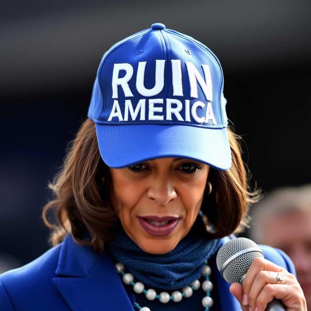 Kamala Harris wearing blue cap with white text "RUIN AMERICA"