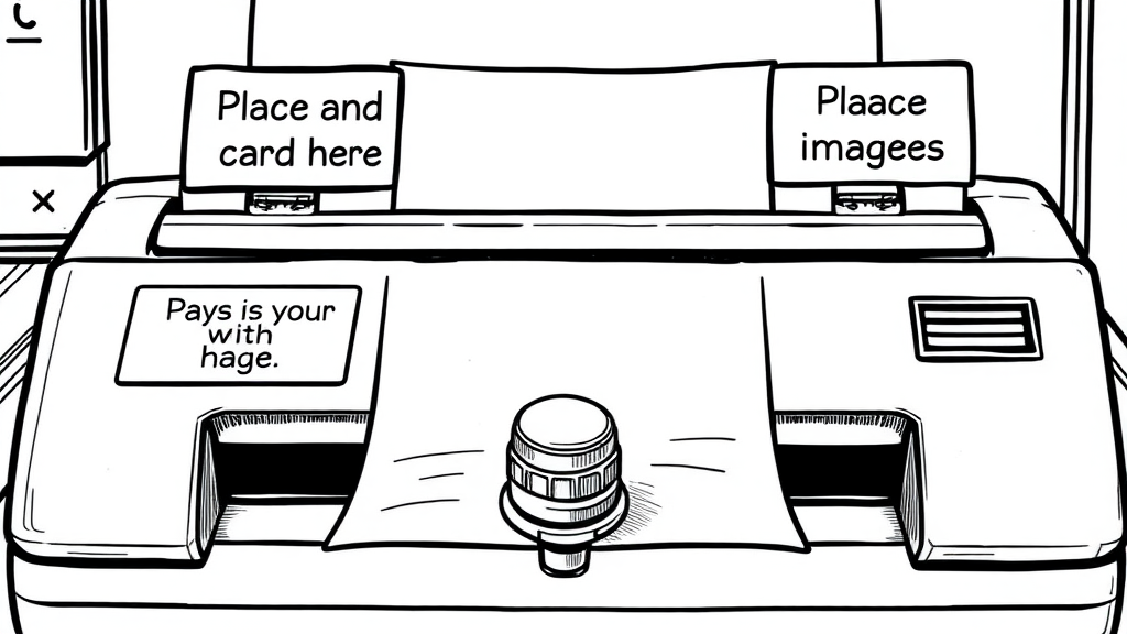 Comic image with only black ink of a paper scanner that has a terminal to pay with card. It has two signs. One says "Place card here." The other one says "Place images here." In the output, there's a valve that tells you the pressure of the image.