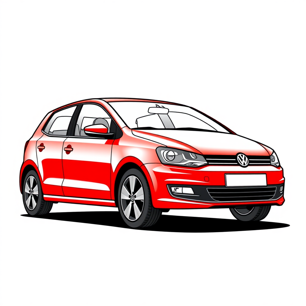 red vw polo III car, long establishing shot, 2D, caricature, cartoon, Sketch lines, coloring book, coloring book style on white background, well composed, clean coloring book page, No dither, no gradient, strong outline, No fill, No solids, vector illustration, realistic proportions, blueprint, left side view