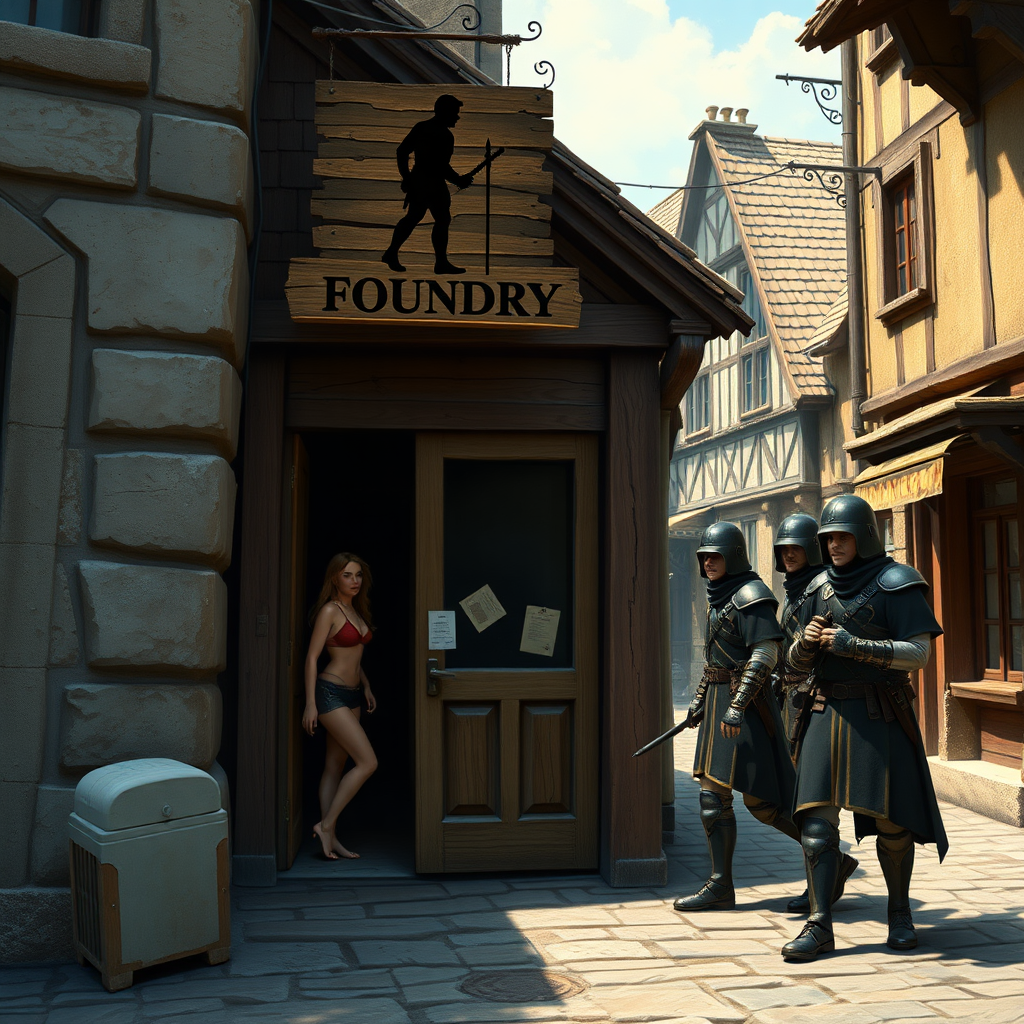 A city street in a fantasy village. female adventurer hastily leaving the door of a shop. Sign above the door says "Nudist Foundry" with a sign consisting of a silhouette image of a man holding a short pole pointing away from his midsection in a humorously erotic manner. City guards walk by, photorealistic matte painting.