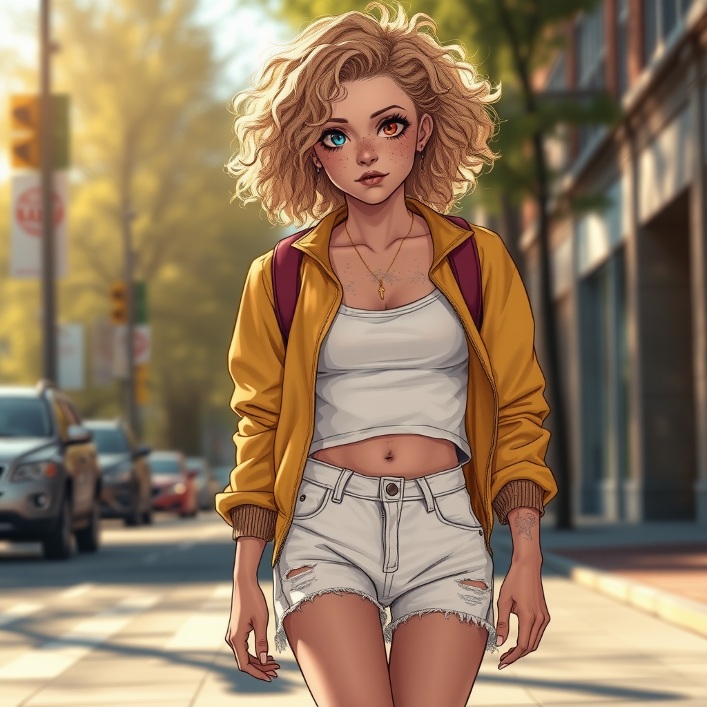 Ultra Realistic taken photo style image, Extremely good quality 8k resolution drawn manga image of a 15 year old petite and short tomboy girl with golden blonde curly hair with mixed and different colored eyes for each eye and moles on her entire body and is a white American girl, Has on a Gold Jacket over a white extremely short crop top only covering her breasts and nothing more with a design on it, and has on ripped shorts and cool looking sneakers and a deep and big cut type scar on her stomach from a huge injury she had, with a bright color backpack, ear piercings on, walking on the street to school in the morning with the beautiful sunlight lighting up her body beautifully.