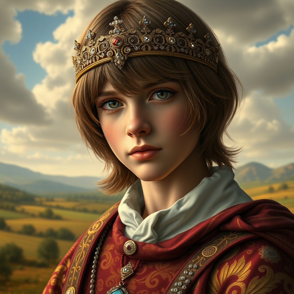 16yo teen boy prince, long bob cut, embroidered with gold and diamonds medieval cloths, diamond diadem, and Beautiful War. Free style by FLUX photorealistic. The background is in the style of landscape style by Antonio del Polaiolo, ultra high resolution, 16K.